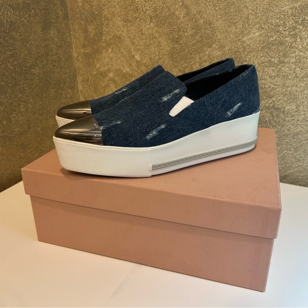 Miu Miu Denim and Silver Platform Sneakers